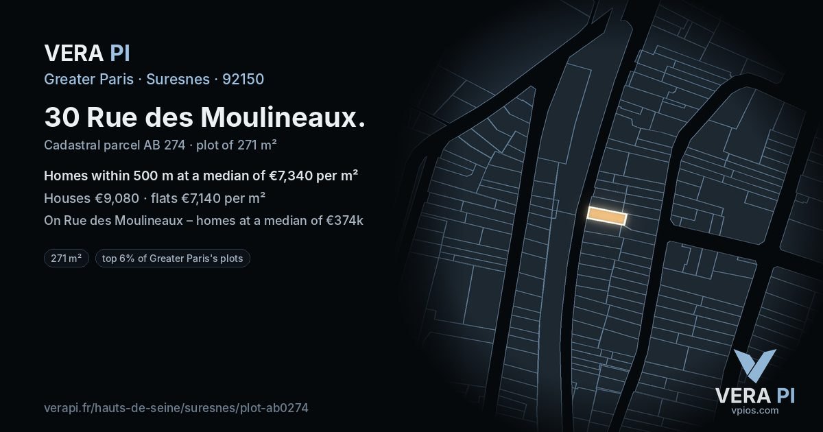 30 Rue des Moulineaux, Suresnes at night – the plot lit, the parcels around coloured by the prices near them