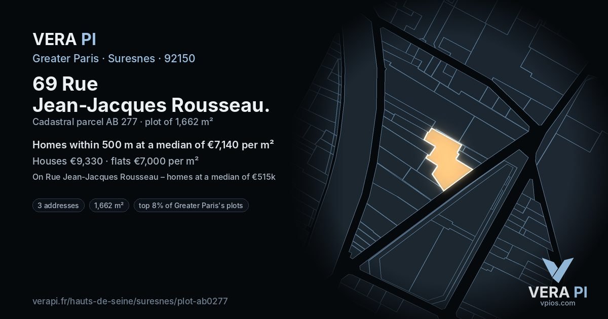 69 Rue Jean-Jacques Rousseau, Suresnes at night – the plot lit, the parcels around coloured by the prices near them