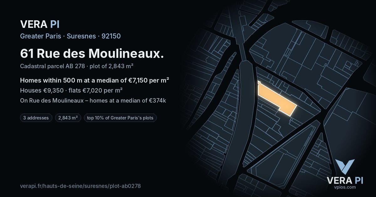 61 Rue des Moulineaux, Suresnes at night – the plot lit, the parcels around coloured by the prices near them