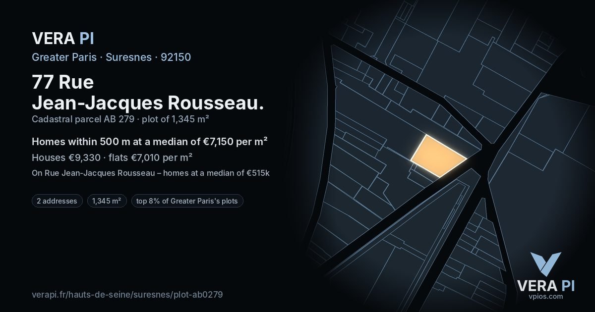 77 Rue Jean-Jacques Rousseau, Suresnes at night – the plot lit, the parcels around coloured by the prices near them
