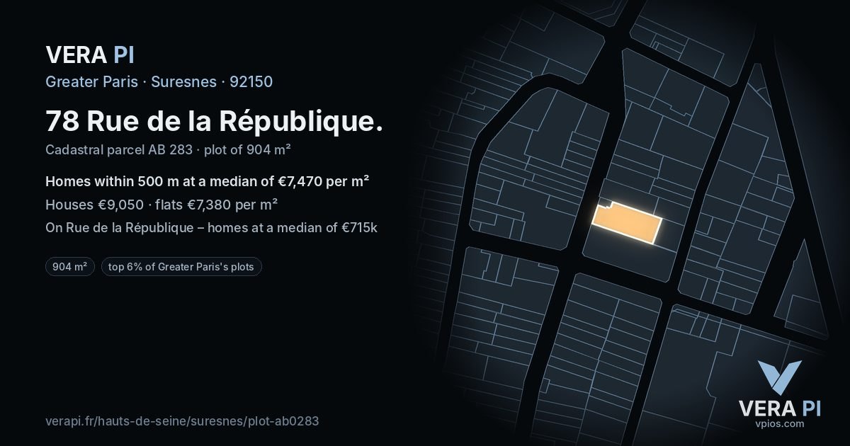 78 Rue de la République, Suresnes at night – the plot lit, the parcels around coloured by the prices near them