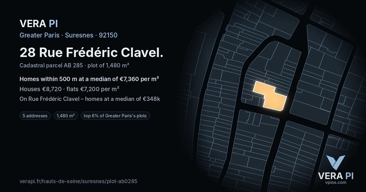 28 Rue Frédéric Clavel, Suresnes at night – the plot lit, the parcels around coloured by the prices near them