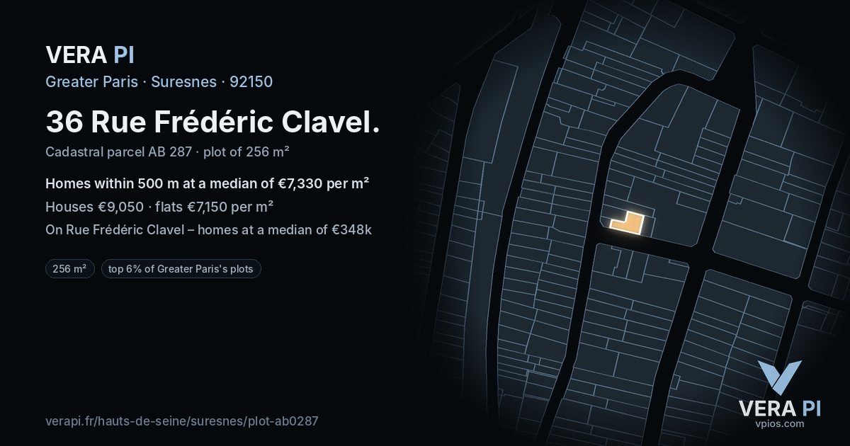 36 Rue Frédéric Clavel, Suresnes at night – the plot lit, the parcels around coloured by the prices near them