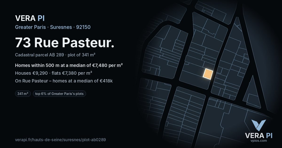73 Rue Pasteur, Suresnes at night – the plot lit, the parcels around coloured by the prices near them