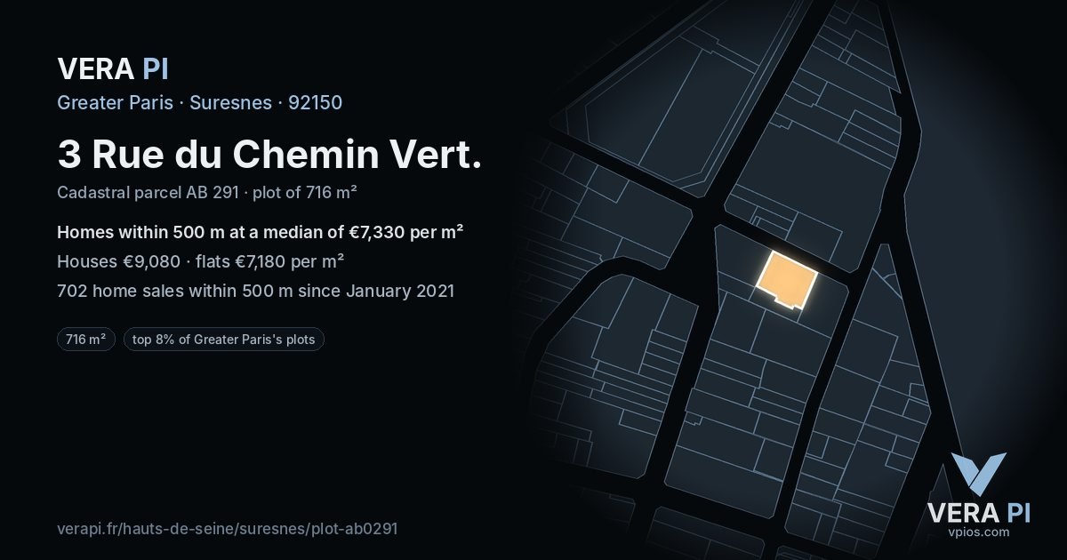 3 Rue du Chemin Vert, Suresnes at night – the plot lit, the parcels around coloured by the prices near them