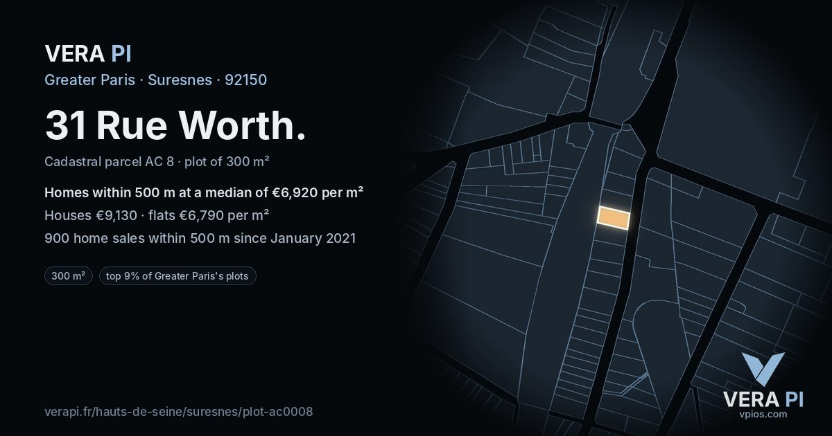 31 Rue Worth, Suresnes at night – the plot lit, the parcels around coloured by the prices near them