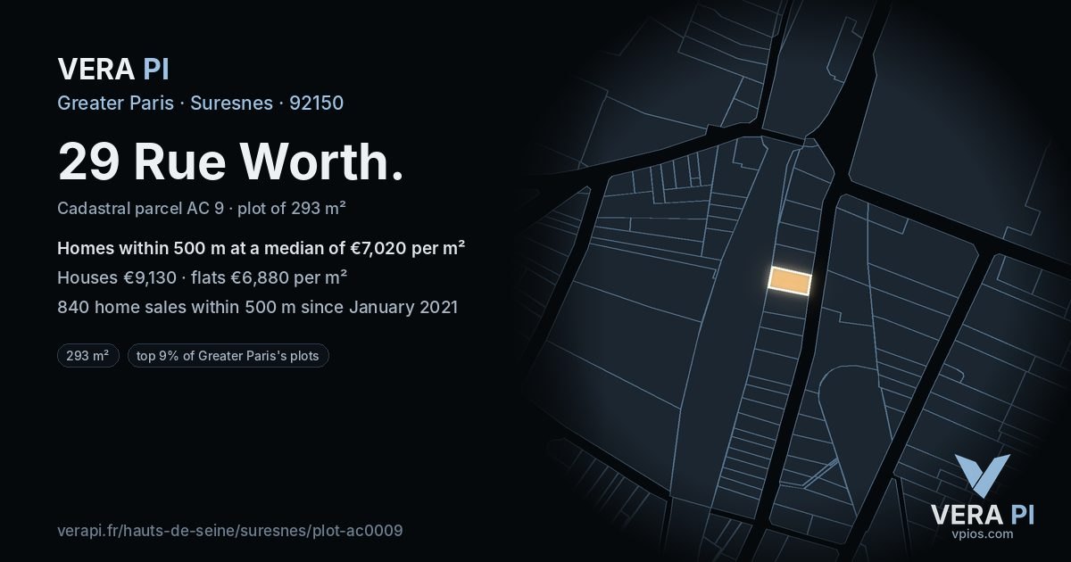 29 Rue Worth, Suresnes at night – the plot lit, the parcels around coloured by the prices near them