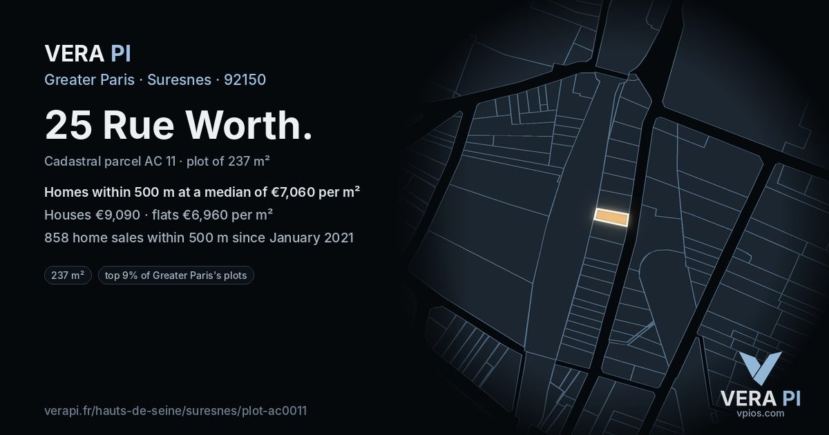 25 Rue Worth, Suresnes at night – the plot lit, the parcels around coloured by the prices near them