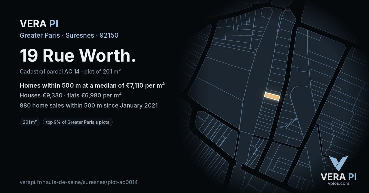 19 Rue Worth, Suresnes at night – the plot lit, the parcels around coloured by the prices near them