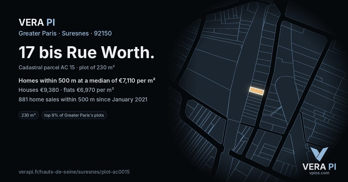 17 bis Rue Worth, Suresnes at night – the plot lit, the parcels around coloured by the prices near them