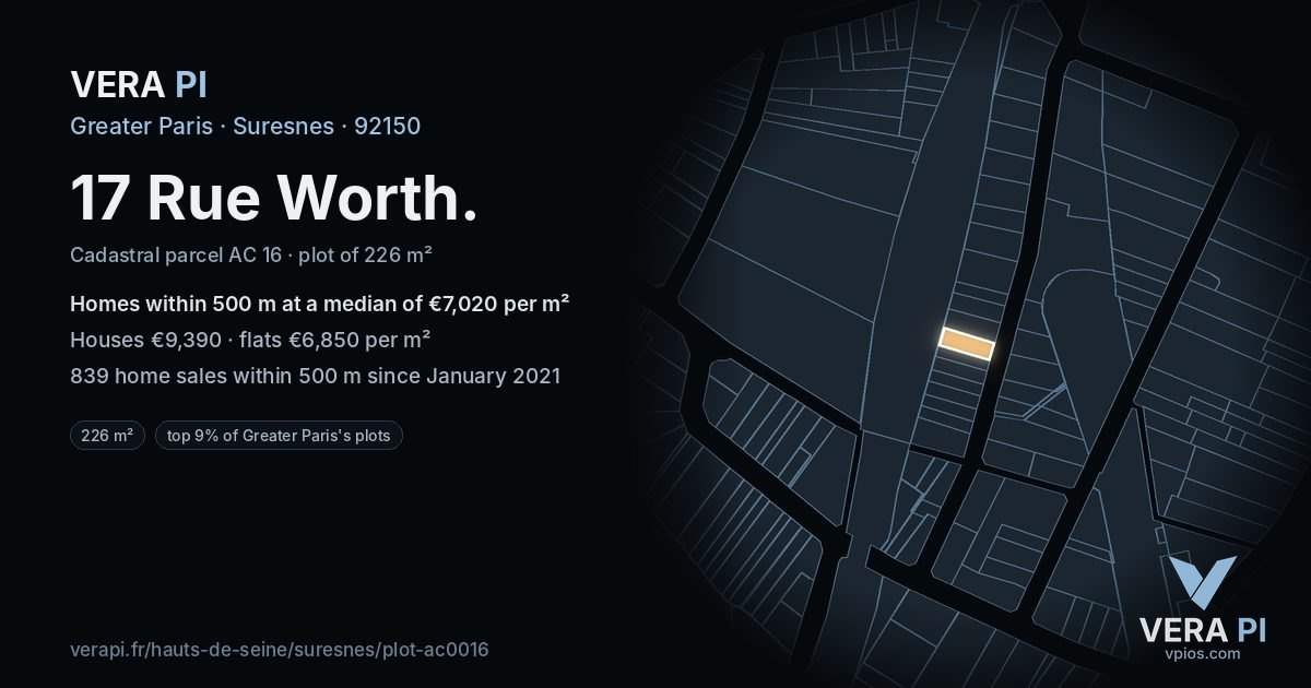 17 Rue Worth, Suresnes at night – the plot lit, the parcels around coloured by the prices near them