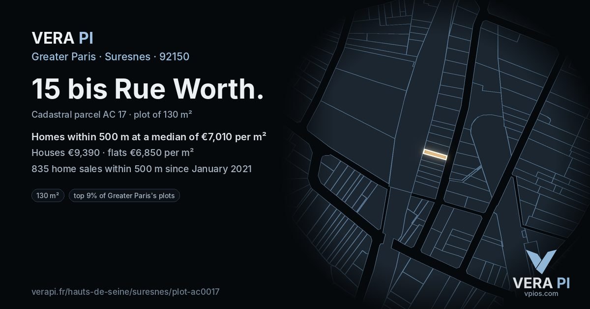 15 bis Rue Worth, Suresnes at night – the plot lit, the parcels around coloured by the prices near them