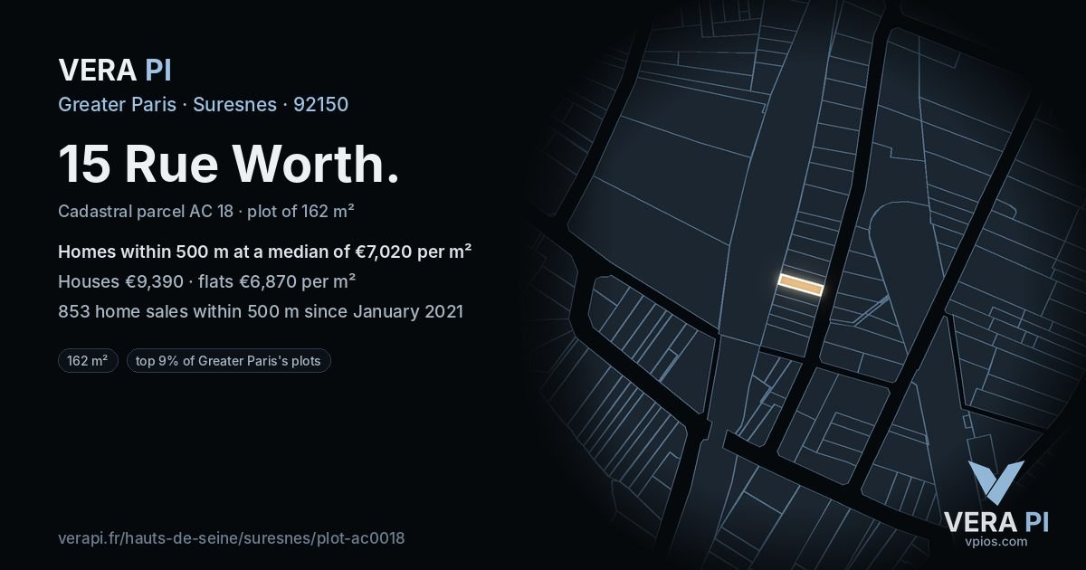 15 Rue Worth, Suresnes at night – the plot lit, the parcels around coloured by the prices near them