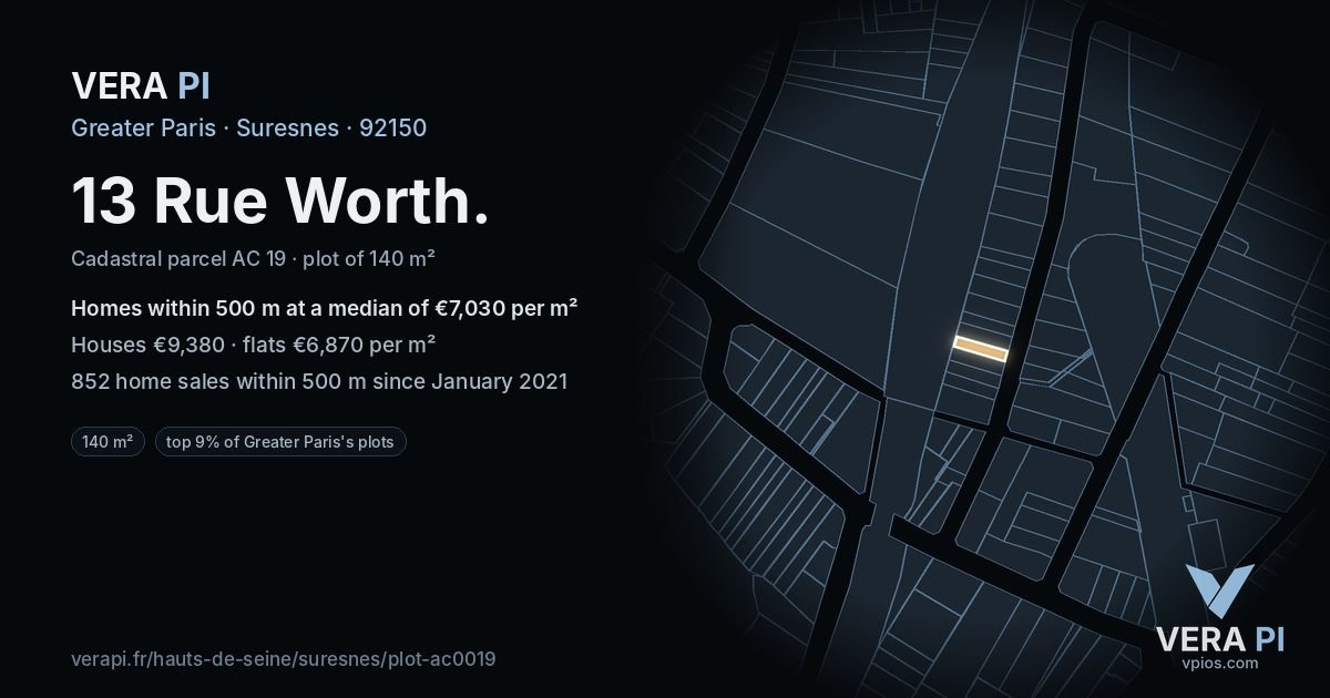 13 Rue Worth, Suresnes at night – the plot lit, the parcels around coloured by the prices near them