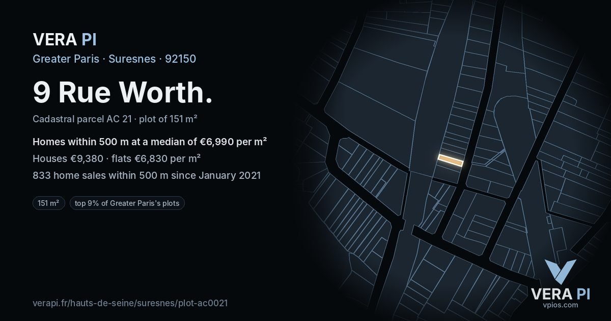 9 Rue Worth, Suresnes at night – the plot lit, the parcels around coloured by the prices near them
