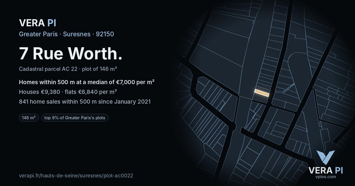 7 Rue Worth, Suresnes at night – the plot lit, the parcels around coloured by the prices near them