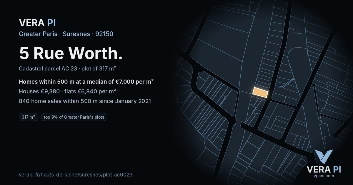 5 Rue Worth, Suresnes at night – the plot lit, the parcels around coloured by the prices near them