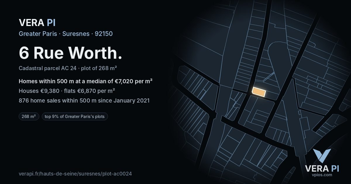 6 Rue Worth, Suresnes at night – the plot lit, the parcels around coloured by the prices near them