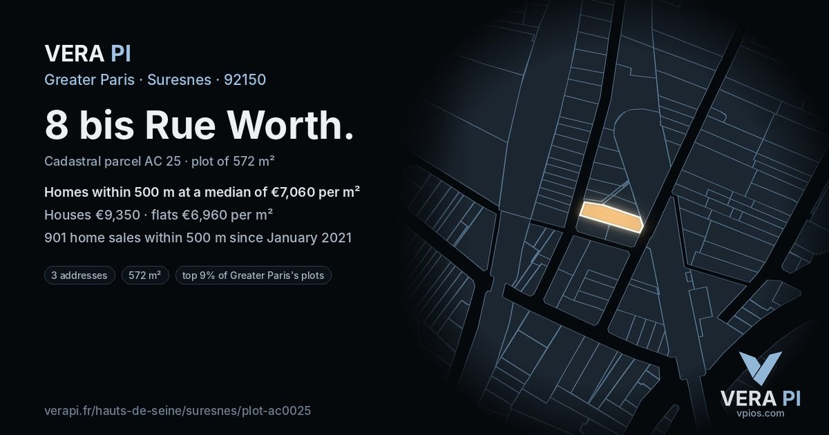 8 bis Rue Worth, Suresnes at night – the plot lit, the parcels around coloured by the prices near them