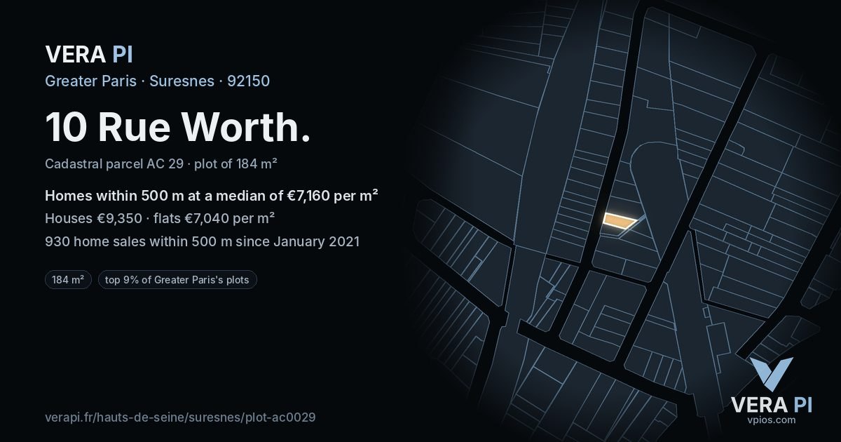 10 Rue Worth, Suresnes at night – the plot lit, the parcels around coloured by the prices near them