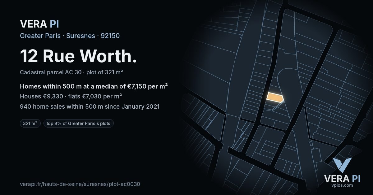 12 Rue Worth, Suresnes at night – the plot lit, the parcels around coloured by the prices near them