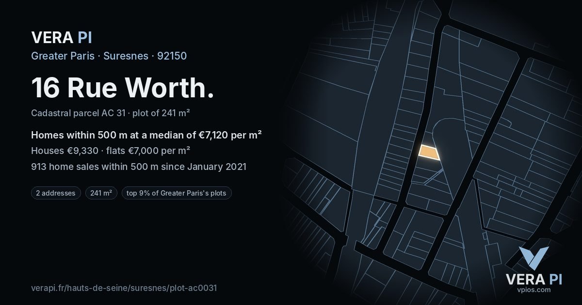 16 Rue Worth, Suresnes at night – the plot lit, the parcels around coloured by the prices near them