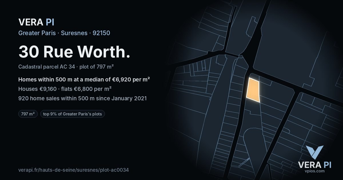 30 Rue Worth, Suresnes at night – the plot lit, the parcels around coloured by the prices near them