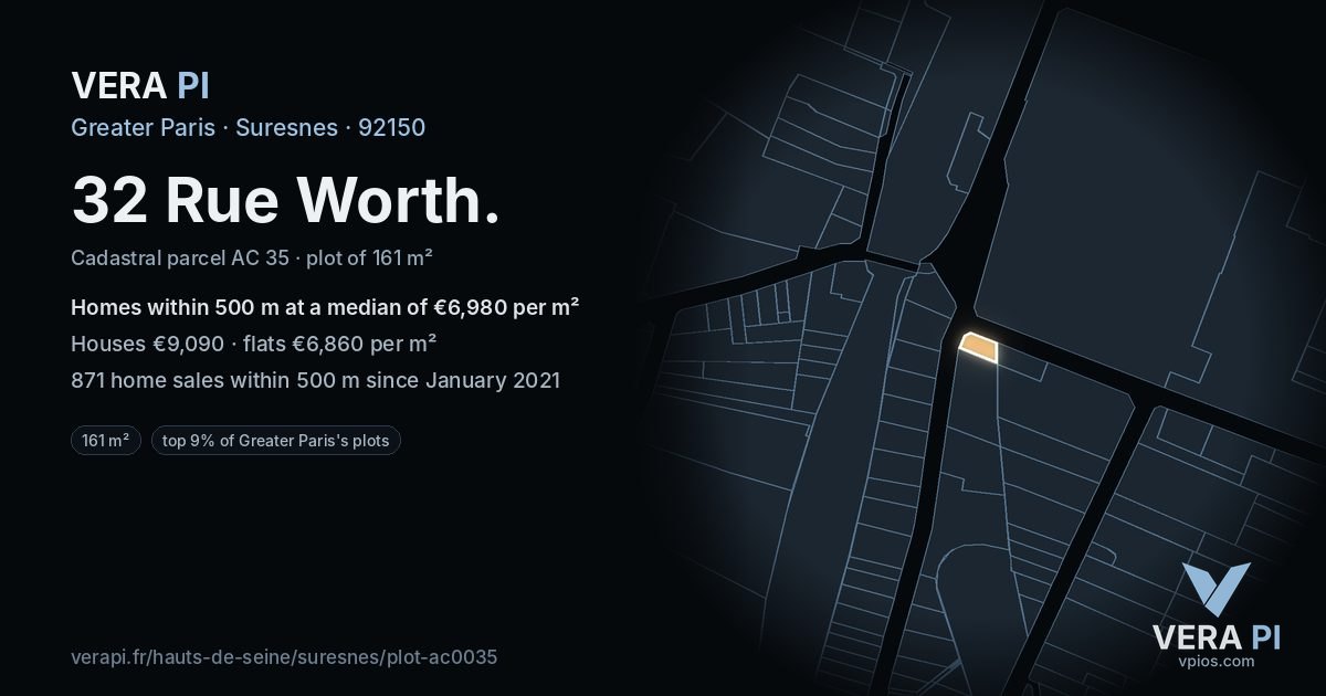 32 Rue Worth, Suresnes at night – the plot lit, the parcels around coloured by the prices near them