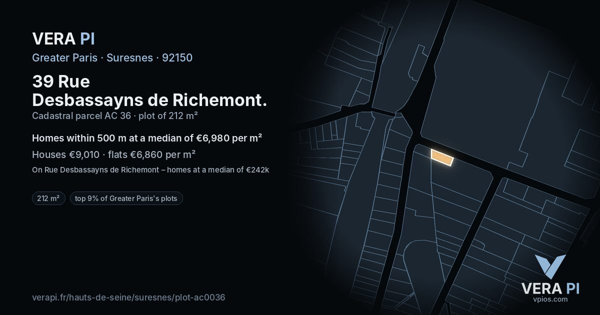 39 Rue Desbassayns de Richemont, Suresnes at night – the plot lit, the parcels around coloured by the prices near them