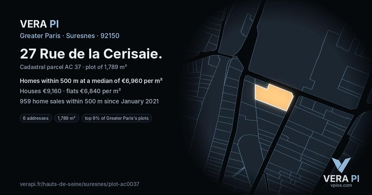 27 Rue de la Cerisaie, Suresnes at night – the plot lit, the parcels around coloured by the prices near them