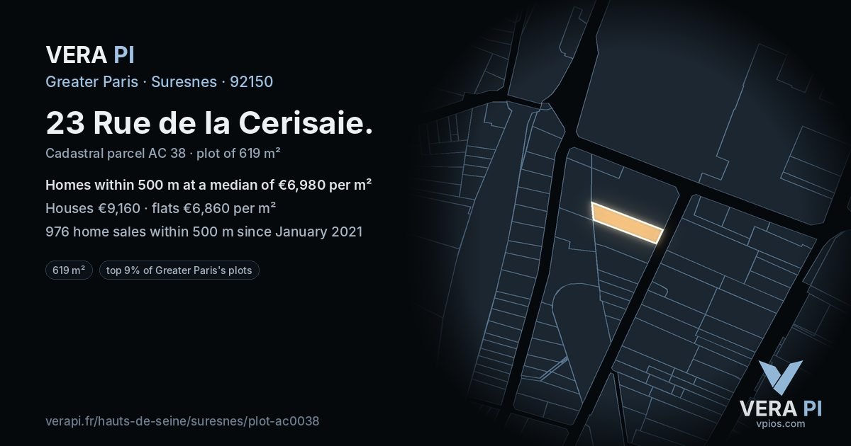 23 Rue de la Cerisaie, Suresnes at night – the plot lit, the parcels around coloured by the prices near them