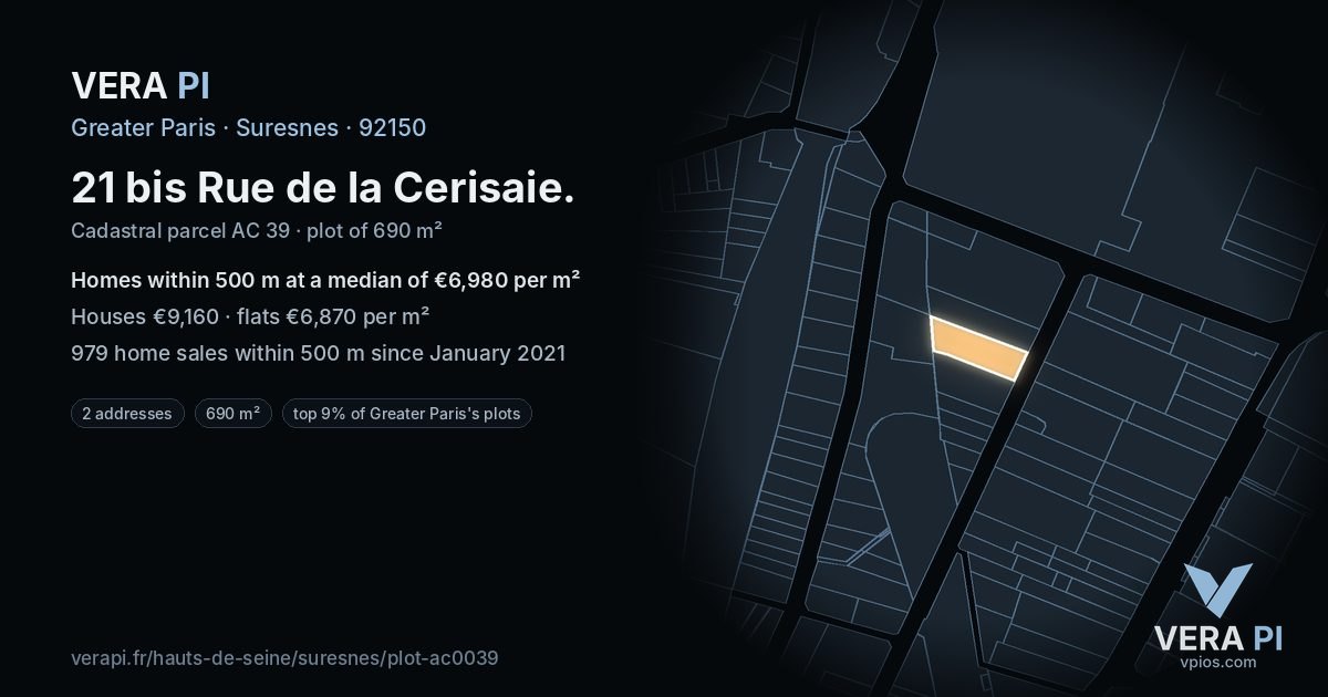 21 bis Rue de la Cerisaie, Suresnes at night – the plot lit, the parcels around coloured by the prices near them