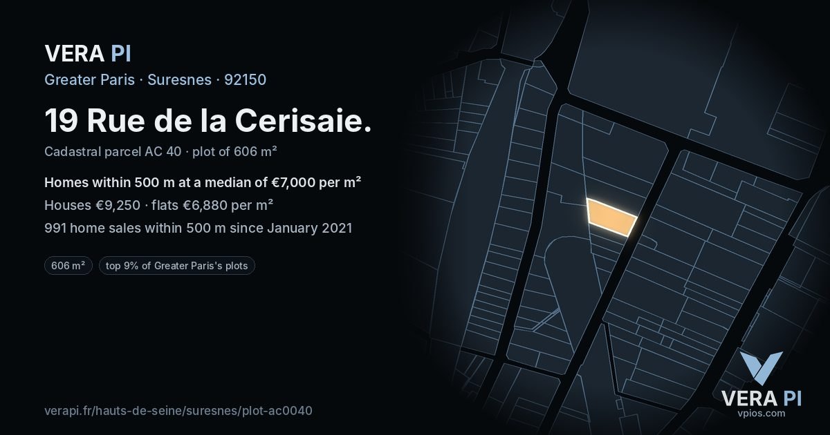 19 Rue de la Cerisaie, Suresnes at night – the plot lit, the parcels around coloured by the prices near them
