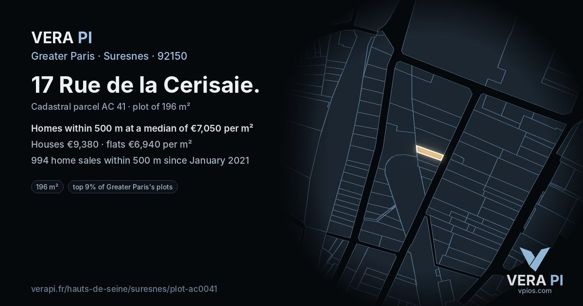 17 Rue de la Cerisaie, Suresnes at night – the plot lit, the parcels around coloured by the prices near them