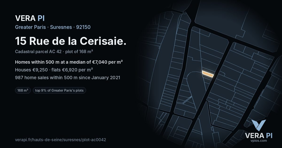 15 Rue de la Cerisaie, Suresnes at night – the plot lit, the parcels around coloured by the prices near them