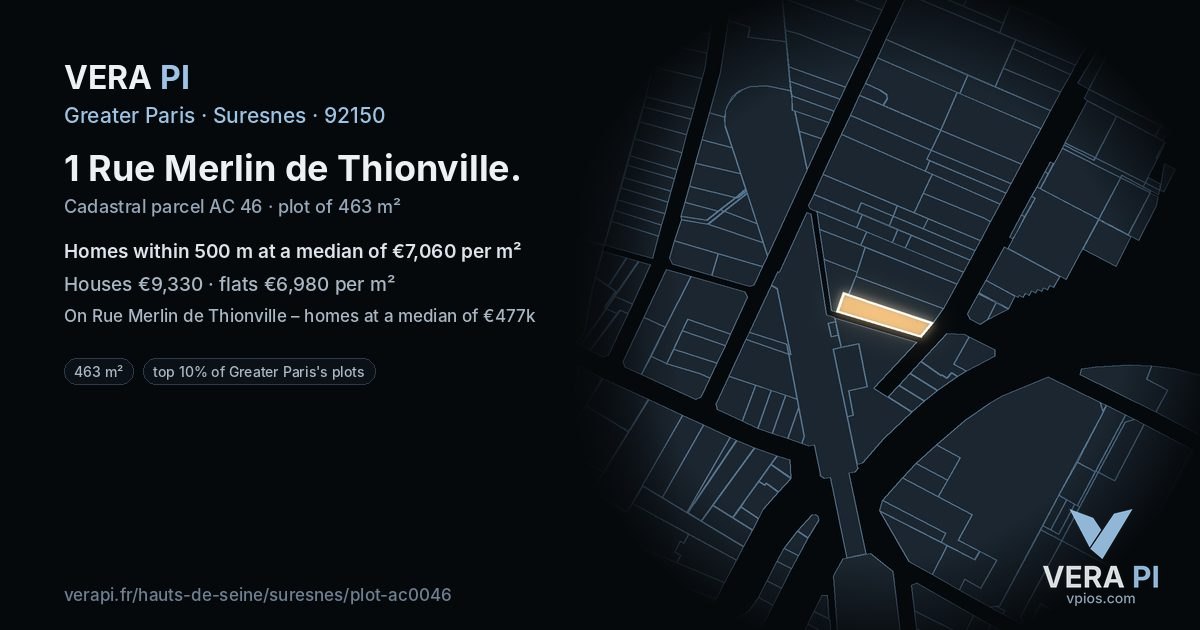 1 Rue Merlin de Thionville, Suresnes at night – the plot lit, the parcels around coloured by the prices near them