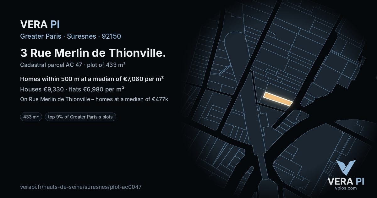 3 Rue Merlin de Thionville, Suresnes at night – the plot lit, the parcels around coloured by the prices near them