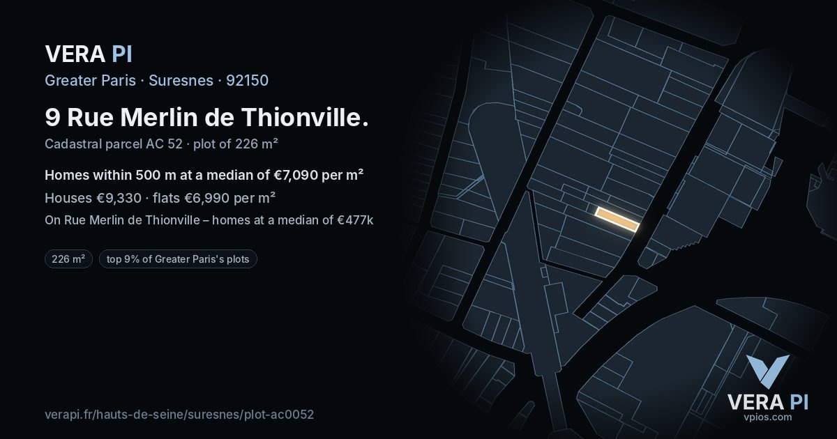 9 Rue Merlin de Thionville, Suresnes at night – the plot lit, the parcels around coloured by the prices near them