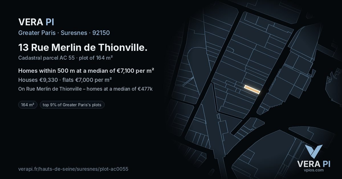 13 Rue Merlin de Thionville, Suresnes at night – the plot lit, the parcels around coloured by the prices near them