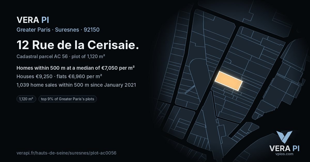12 Rue de la Cerisaie, Suresnes at night – the plot lit, the parcels around coloured by the prices near them