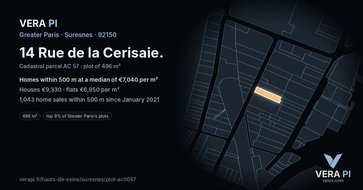 14 Rue de la Cerisaie, Suresnes at night – the plot lit, the parcels around coloured by the prices near them