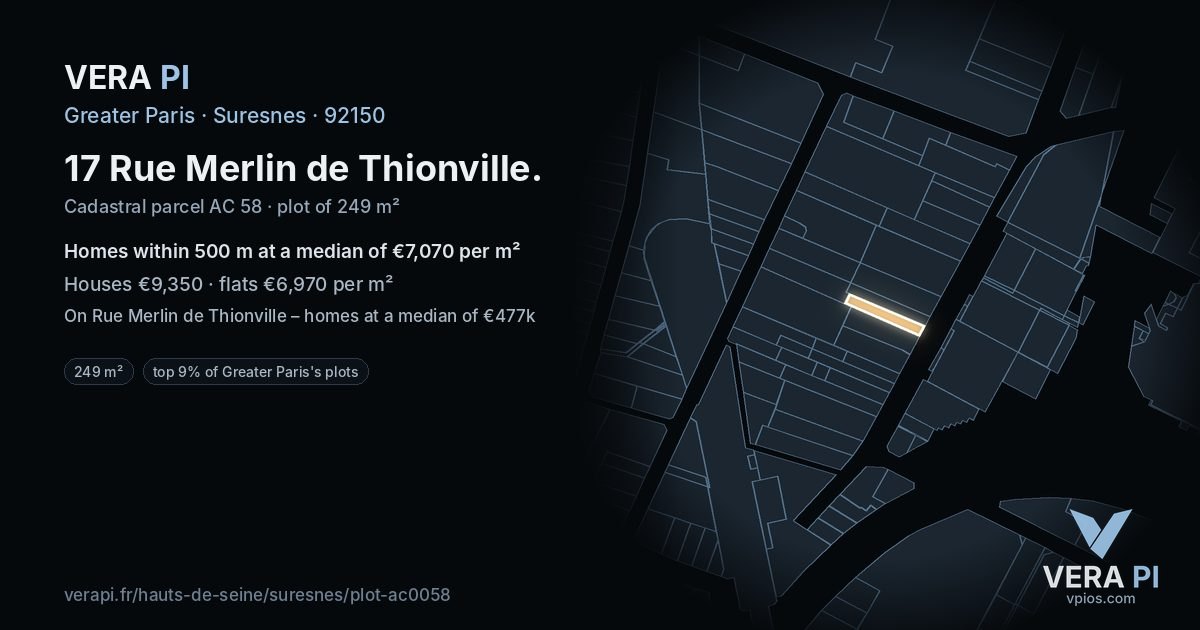 17 Rue Merlin de Thionville, Suresnes at night – the plot lit, the parcels around coloured by the prices near them