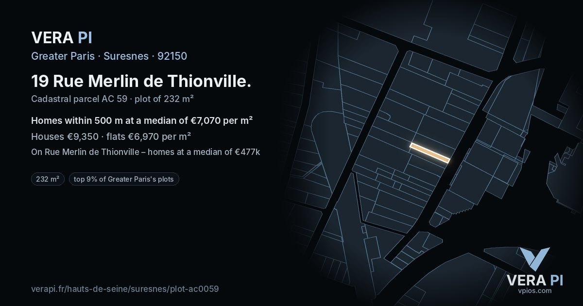 19 Rue Merlin de Thionville, Suresnes at night – the plot lit, the parcels around coloured by the prices near them