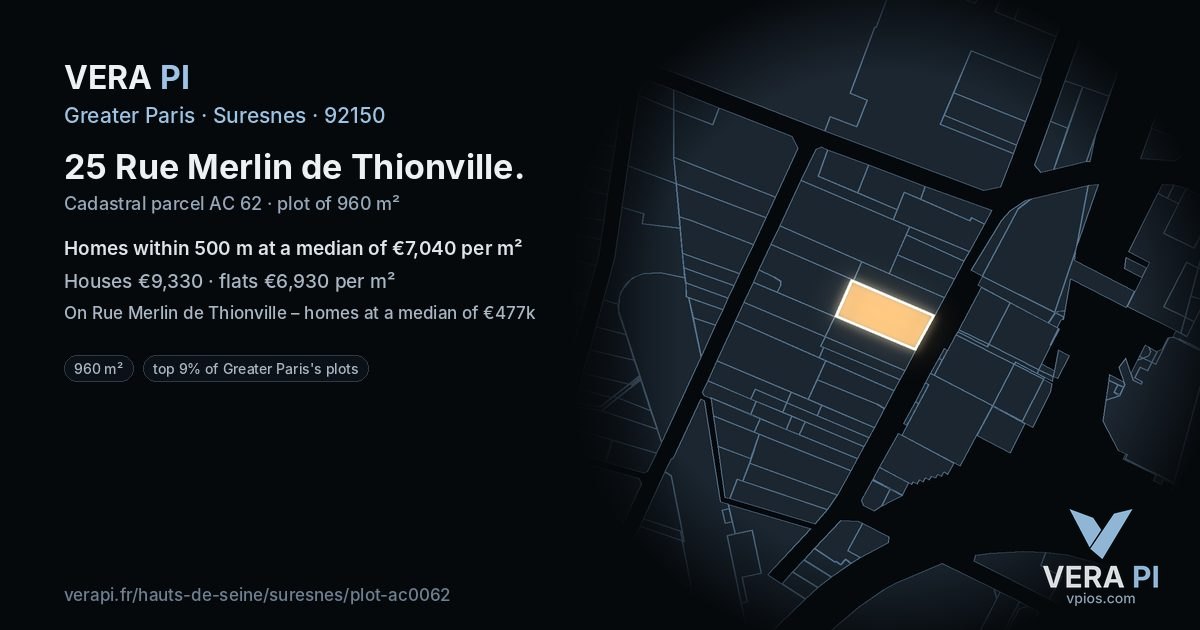 25 Rue Merlin de Thionville, Suresnes at night – the plot lit, the parcels around coloured by the prices near them