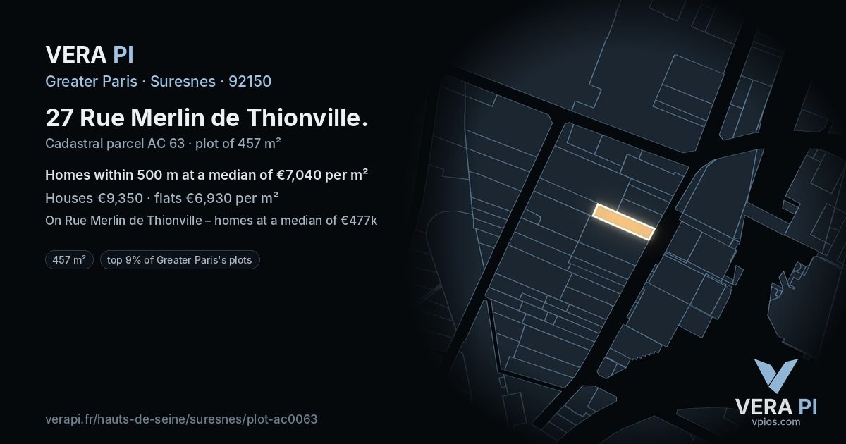 27 Rue Merlin de Thionville, Suresnes at night – the plot lit, the parcels around coloured by the prices near them
