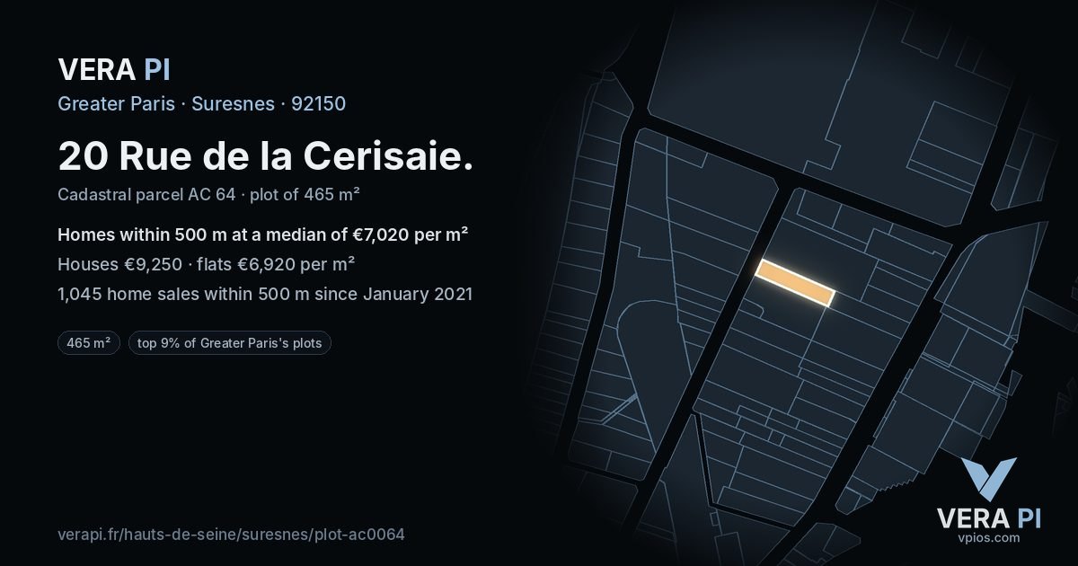 20 Rue de la Cerisaie, Suresnes at night – the plot lit, the parcels around coloured by the prices near them