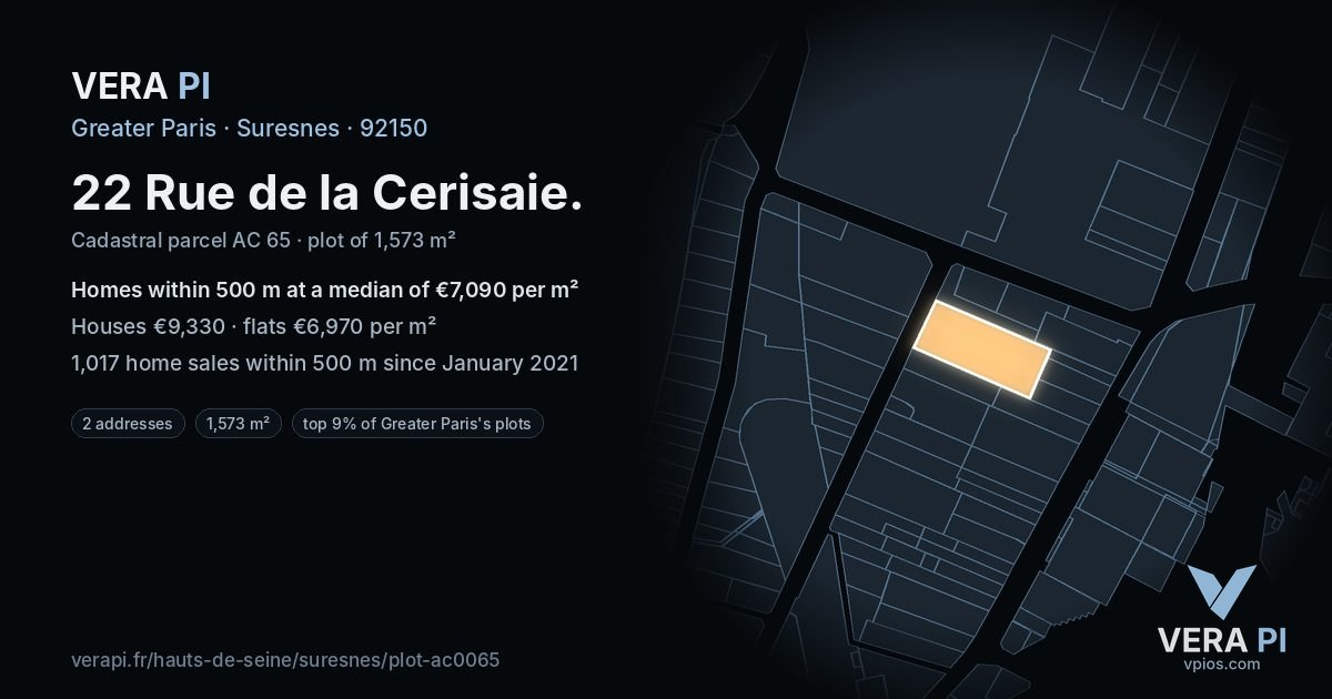 22 Rue de la Cerisaie, Suresnes at night – the plot lit, the parcels around coloured by the prices near them