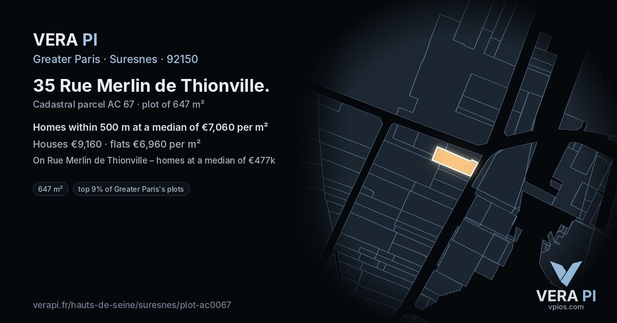 35 Rue Merlin de Thionville, Suresnes at night – the plot lit, the parcels around coloured by the prices near them