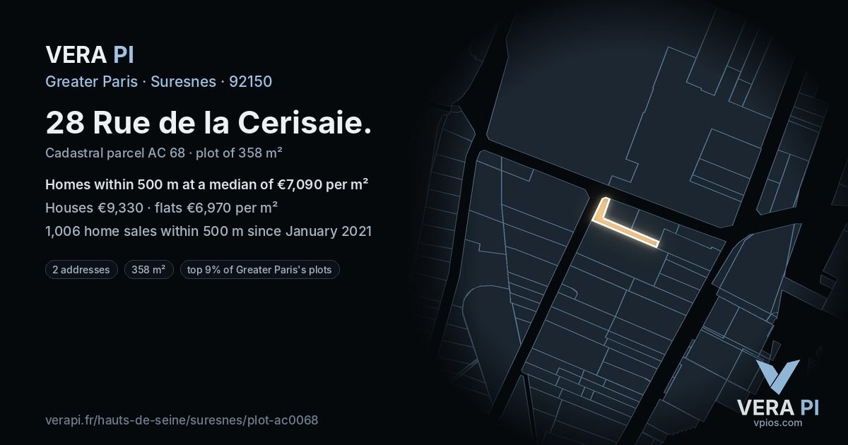 28 Rue de la Cerisaie, Suresnes at night – the plot lit, the parcels around coloured by the prices near them
