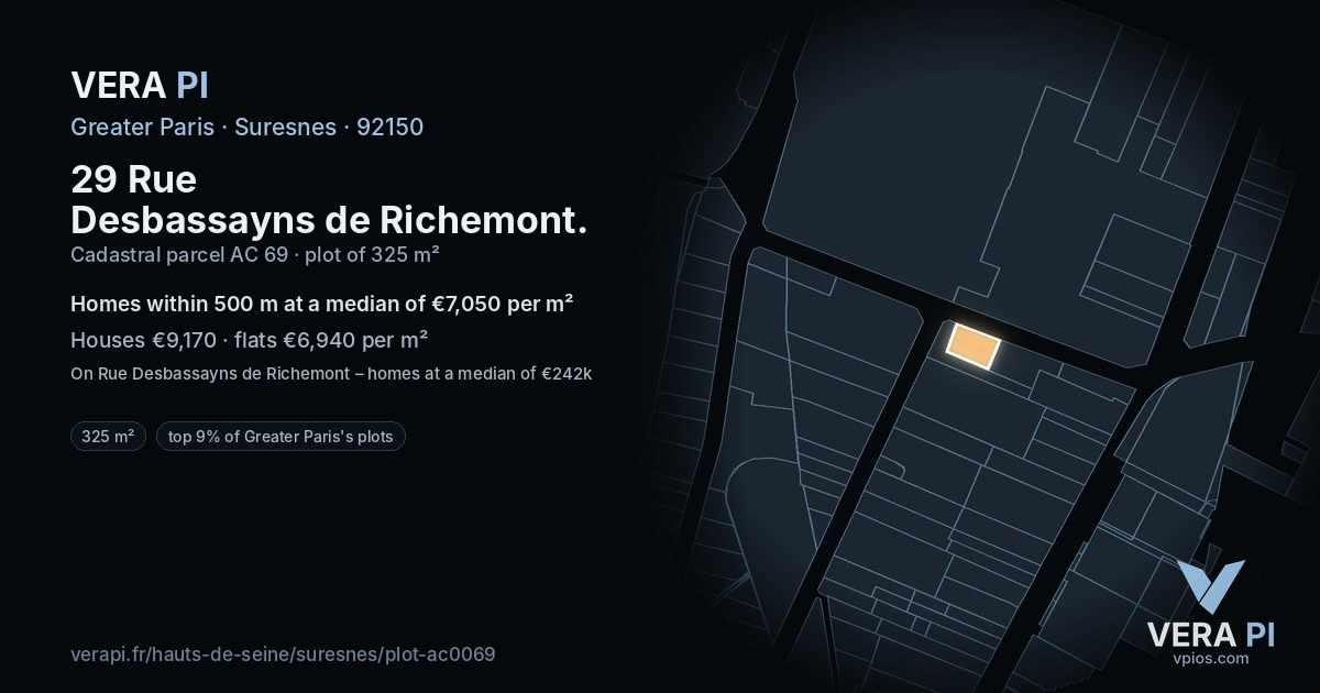 29 Rue Desbassayns de Richemont, Suresnes at night – the plot lit, the parcels around coloured by the prices near them